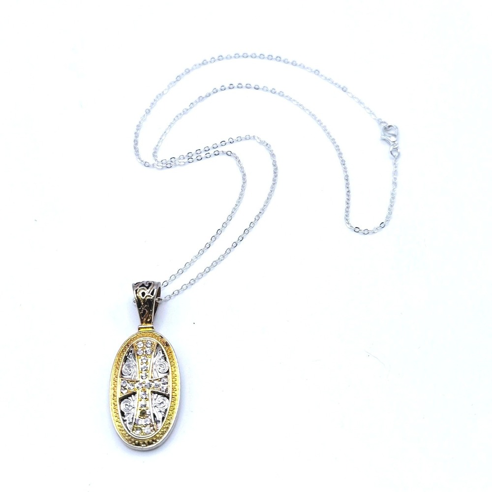 Oval Cross Pendant Necklace CZ Gold Tone Silver Tone 19" Delicate Chain Faith